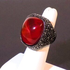 Signed Kenneth Lane Chunky Hematite & Red Stone Gunmetal Ring Size Adj. 6 - 7.5